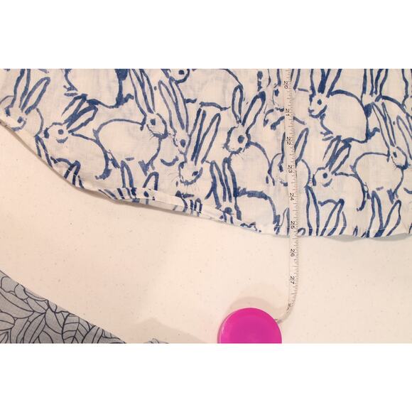 Jean-Pierre Klifa Top Womens White Blue Bunny Print Linen Blend Button Up Casual - Picture 9 of 9